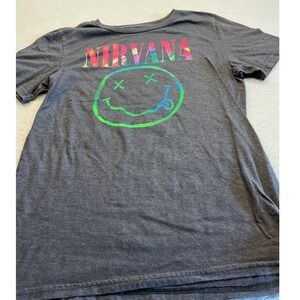 Nirvana Graphic T-Shirt Neon Rainbow Smiley Face Logo Charcoal Gray M 90s Style‎
